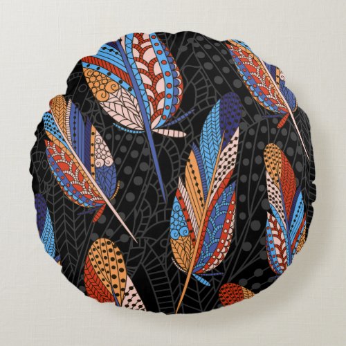 Colorful Feather Pattern Seamless Background Round Pillow