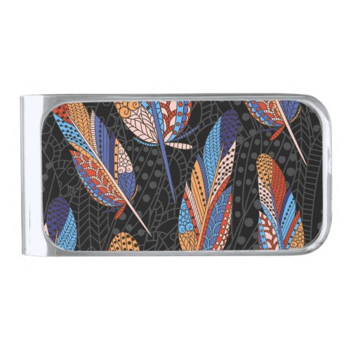 Colorful Feather Pattern Seamless Background Silver Finish Money Clip