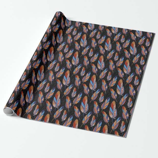 Colorful Feather Pattern Seamless Background. Wrapping Paper (Unrolled)