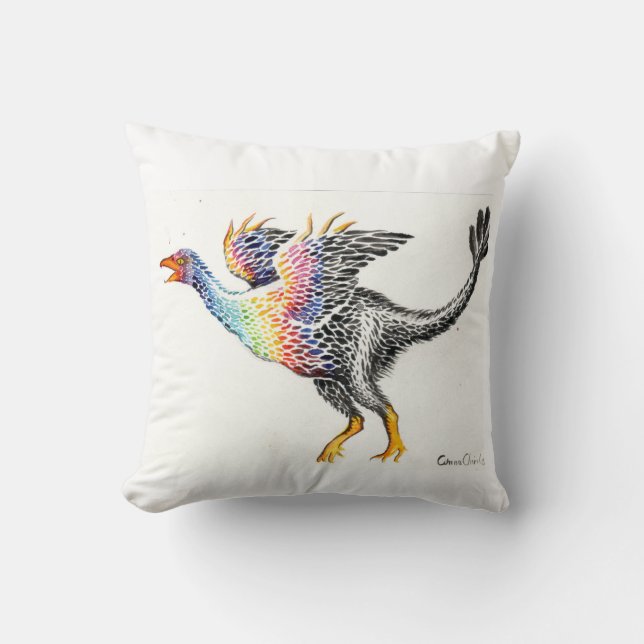 Colorful feathered dinosaur throw pillow (Front)