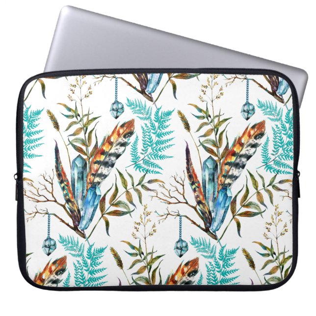 Colorful Feathers And Blue Crystals Laptop Sleeve (Front)