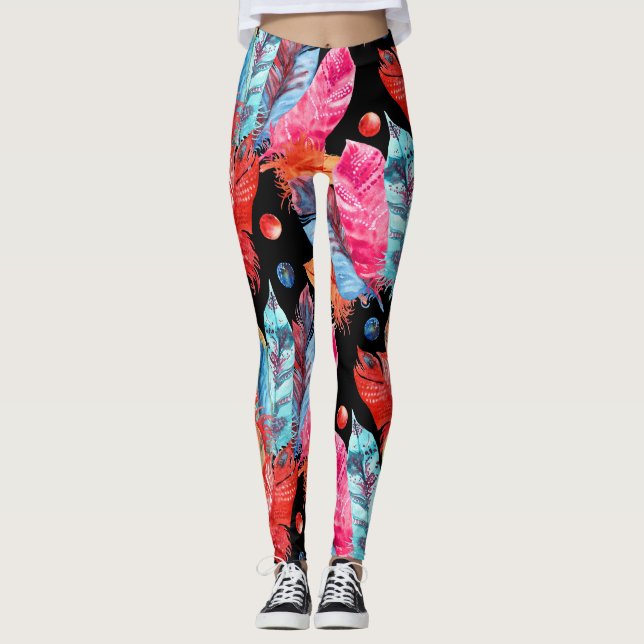 Colorful feathers, boho, seamless, vibrant. leggings (Front)
