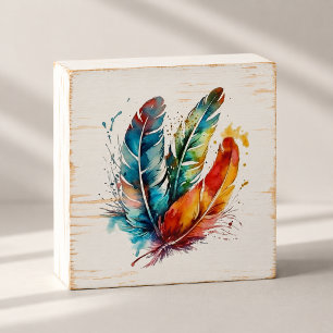 Colorful Feathers Boho Watercolor Nest Art Wooden Box Sign