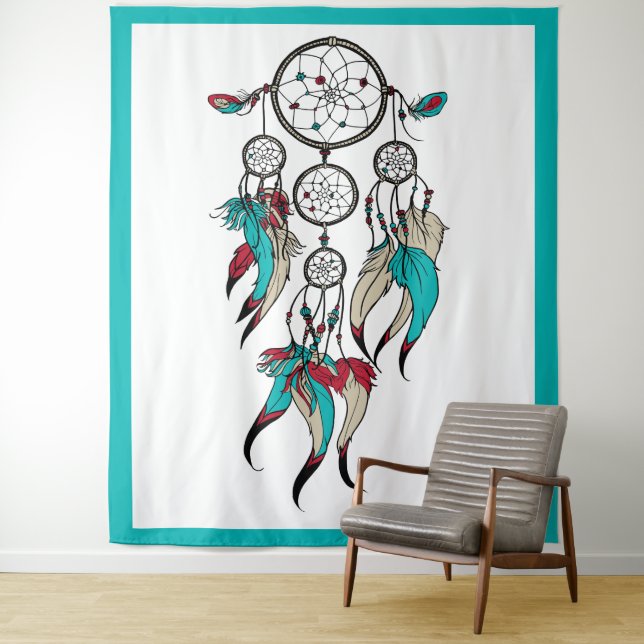 Colorful feathers dreamcatcher tapestry (In Situ)