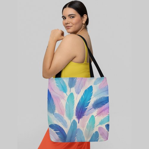 Colorful feathers in shades of blue pink pattern tote bag