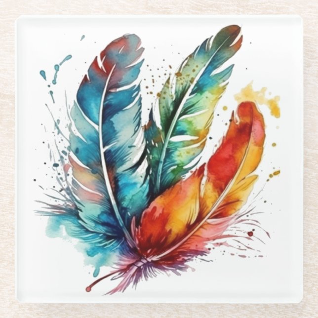 Colorful feathers Native American water color  Glass Coaster (Front)