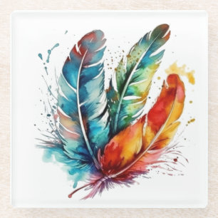 Colorful feathers Native American watercolor Glass Coaster