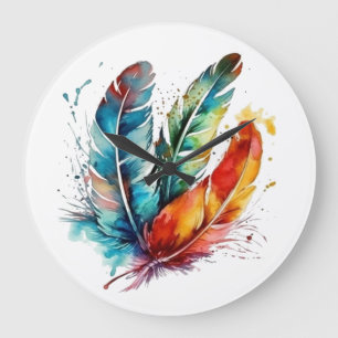 Colorful feathers Native American watercolor Large Clock