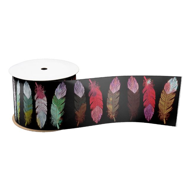 Colorful feathers on black satin ribbon (Spool)