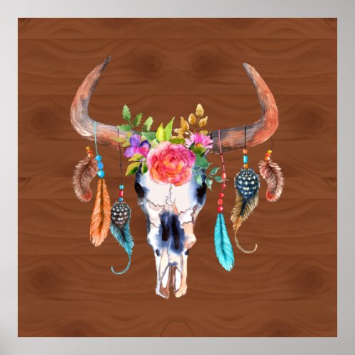 Colorful Feathers On Bull Skull Poster