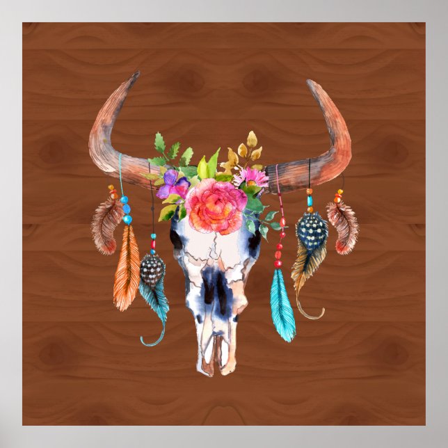 Colorful Feathers On Bull Skull Poster (Front)