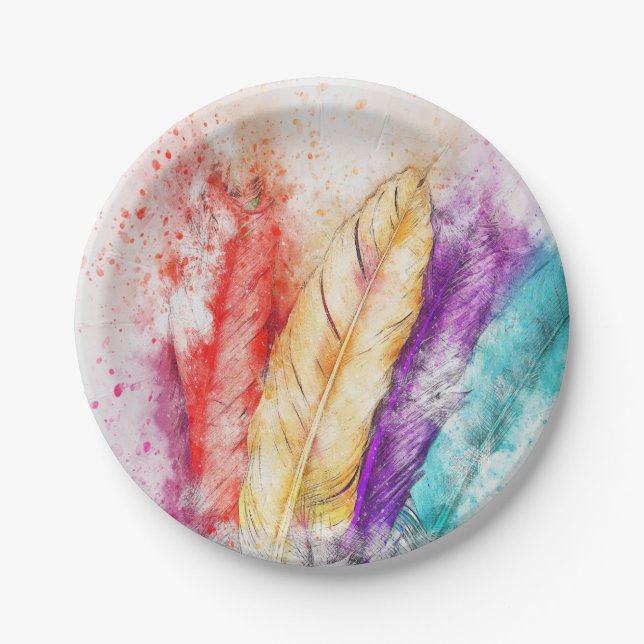 Colorful Feathers Paper Plate (Front)