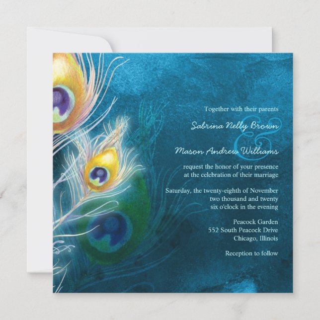 Colorful Feathers Peacock Theme Wedding Invitation (Front)