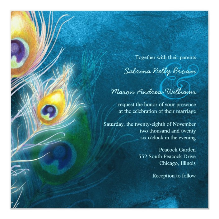 Colorful Feathers Peacock Theme Wedding Invitation Zazzle Com