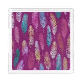 Colorful feathers: purple background pattern. acrylic tray