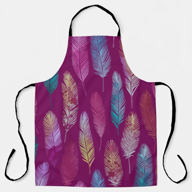 Colorful feathers: purple background pattern. apron (Front)