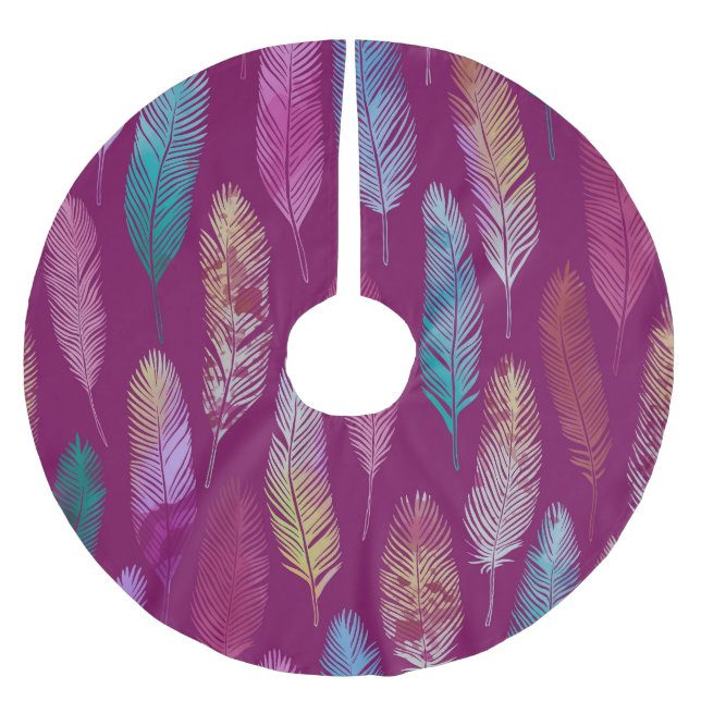 Colorful feathers: purple background pattern. brushed polyester tree skirt (Front)