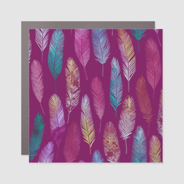 Colorful feathers: purple background pattern. car magnet (Front)