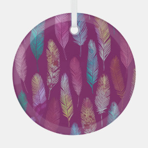 Colorful feathers: purple background pattern. glass ornament