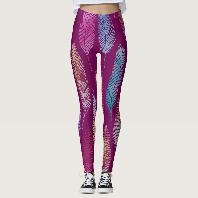 Colorful feathers: purple background pattern. leggings (Front)