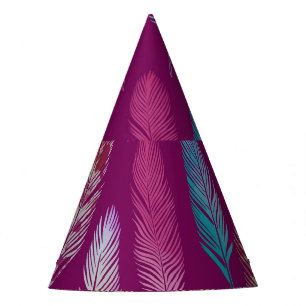 Colorful feathers: purple background pattern. party hat