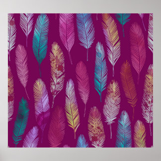 Colorful feathers: purple background pattern. poster