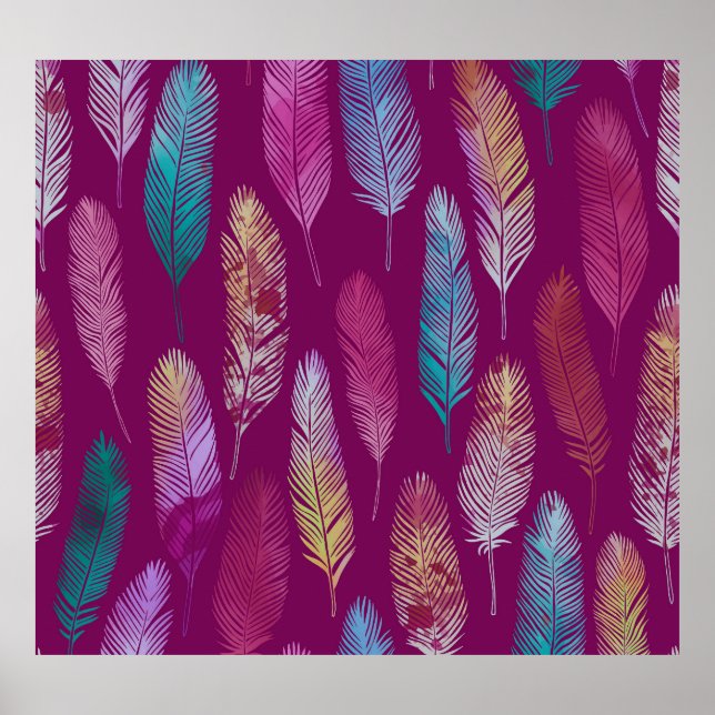 Colorful feathers: purple background pattern. poster (Front)