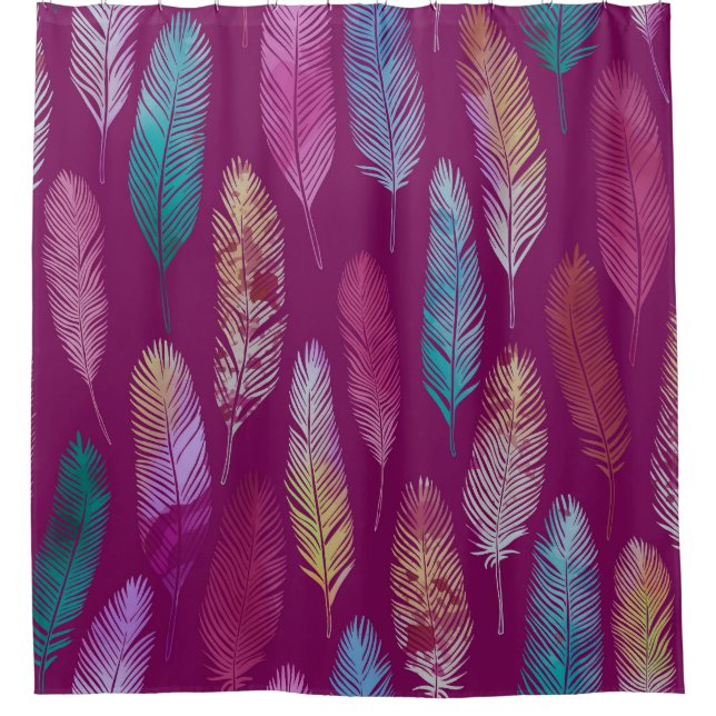 Colorful feathers: purple background pattern. shower curtain (Front)