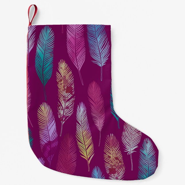 Colorful feathers: purple background pattern. small christmas stocking (Front)