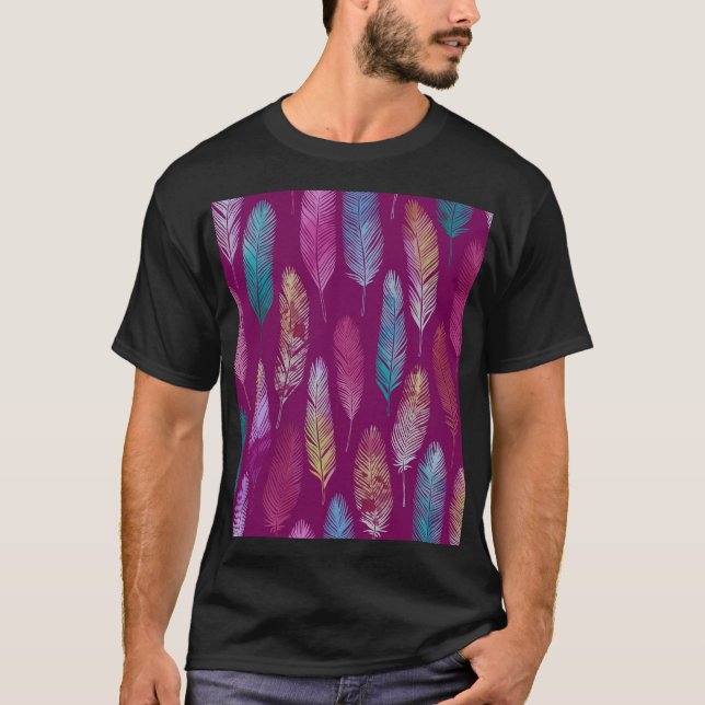 Colorful feathers: purple background pattern. T-Shirt (Front)