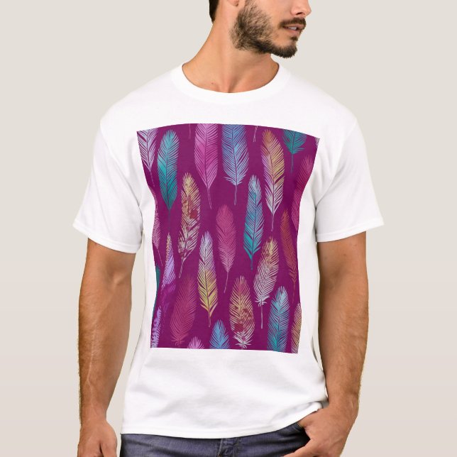 Colorful feathers: purple background pattern. T-Shirt (Front)