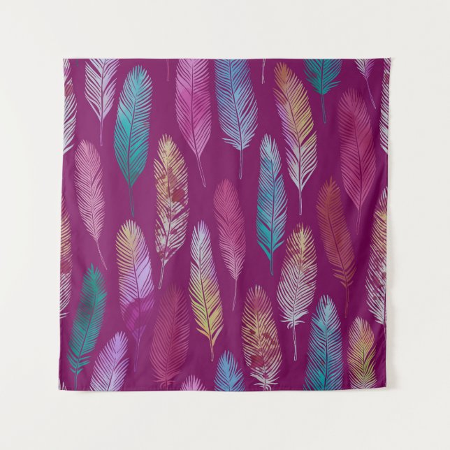 Colorful feathers: purple background pattern. tapestry (Front)