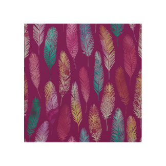 Colorful feathers: purple background pattern. wood wall art
