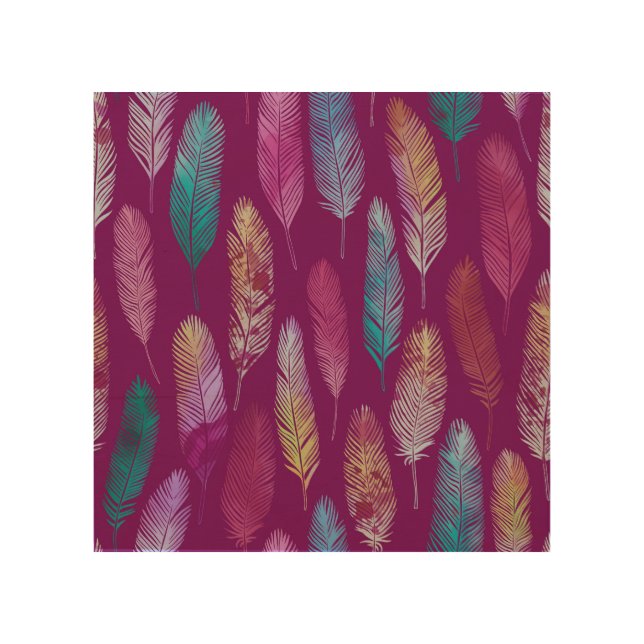 Colorful feathers: purple background pattern. wood wall art (Front)