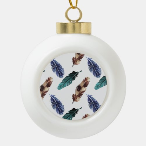 Colorful Feathers Tribal Texture Ceramic Ball Christmas Ornament