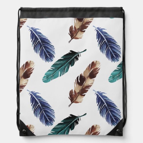 Colorful Feathers Tribal Texture Drawstring Bag