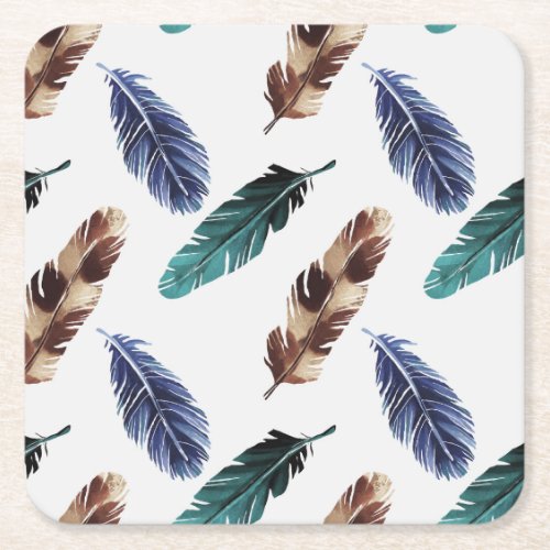 Colorful Feathers Tribal Texture Square Paper Coaster
