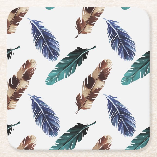 Colorful Feathers Tribal Texture Square Paper Coaster (Front)