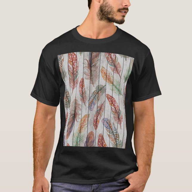Colorful Feathers, Watercolor Seamless Design. T-Shirt (Front)