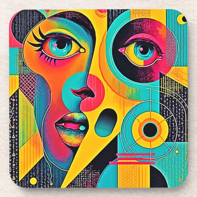 Colorful Feelings: Abstract Face Beverage Coaster (Front)