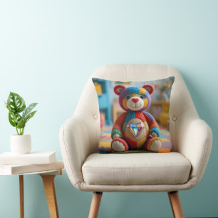 Colorful Felted Teddy Bear Throw Pillow