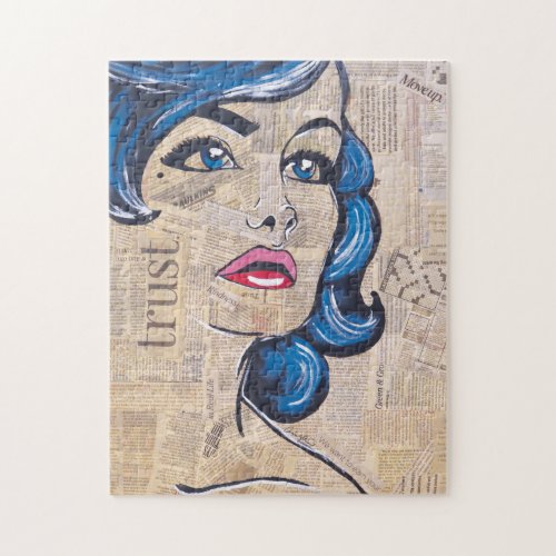 Colorful Female Portrait Blue Pop Art Woman Jigsaw Puzzle