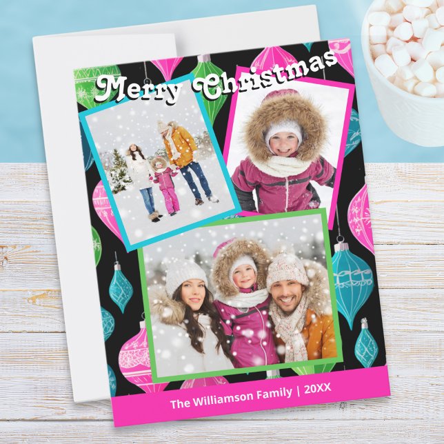 Colorful Festive 3 Photo Collage Holiday Card (A bright holiday card, personalized with 3 photos, name and year, with Merry Christmas greeting)
