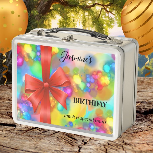 Colorful Festive Birthday Metal Lunch Box (Lunch Box featuring a festive and colorful design with light sparkles and red ribbon. Birthday treat)