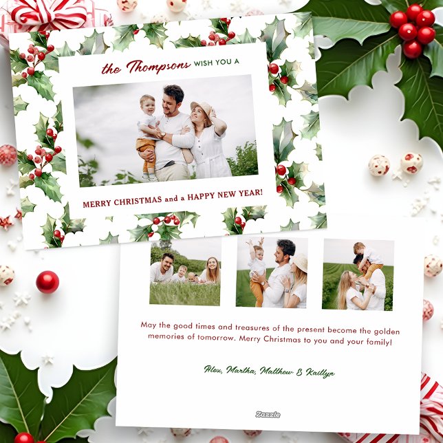 Colorful Festive Christmas Holly One-Photo Holiday Card (Creator Uploaded)