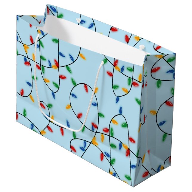 Colorful Festive Christmas Lights Pattern Blue Large Gift Bag (Front Angled)