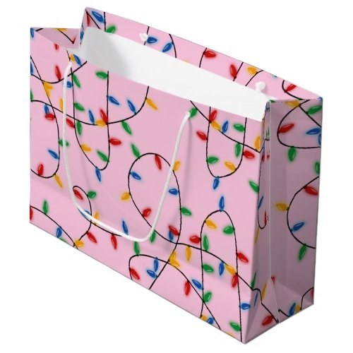 Colorful Festive Christmas Lights Pattern Pink   Large Gift Bag