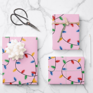 Colorful Festive Christmas Lights Pattern Pink Wrapping Paper Sheets
