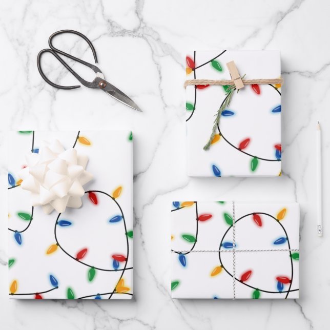 Colorful Festive Christmas Lights Pattern Wrapping Paper Sheets (Front)