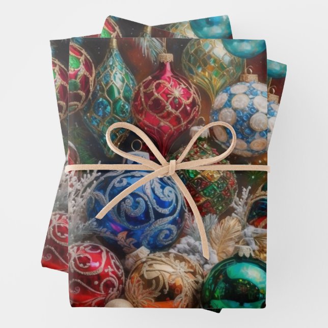 Colorful Festive Christmas Ornaments Wrapping Paper Sheets (In situ)